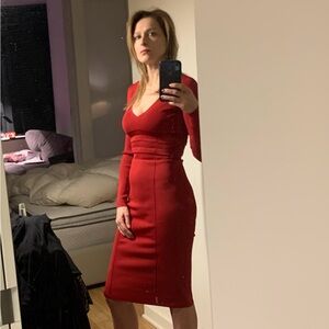 NWOT Good American Bodycon Deep V, long sleeves Red (waist 26-27) US4